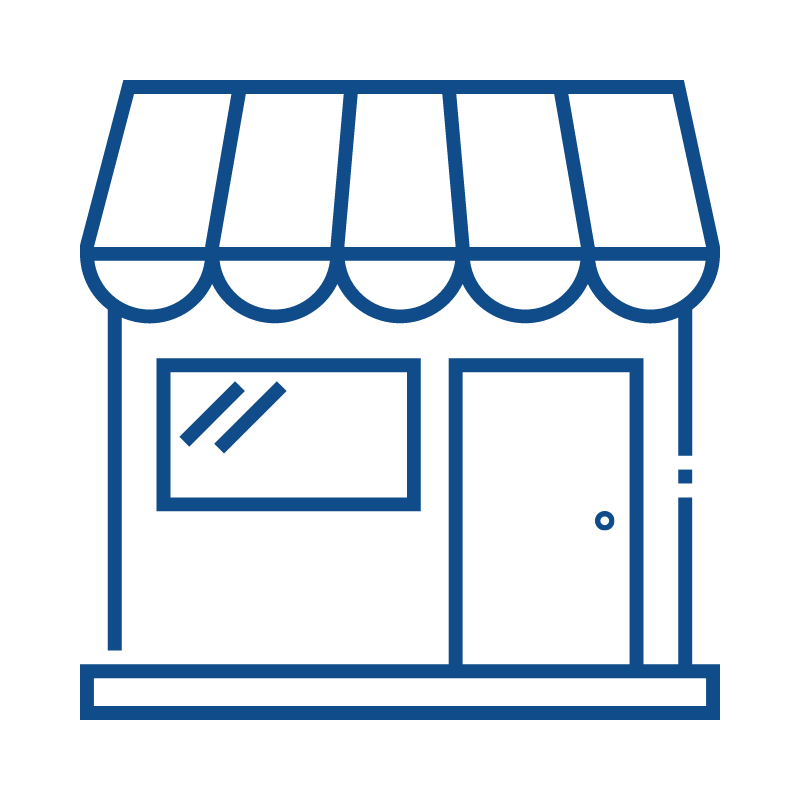 Clipart icon of the front of a store. The front has a window on the left and a door on the right. There is an awning over the storefront.