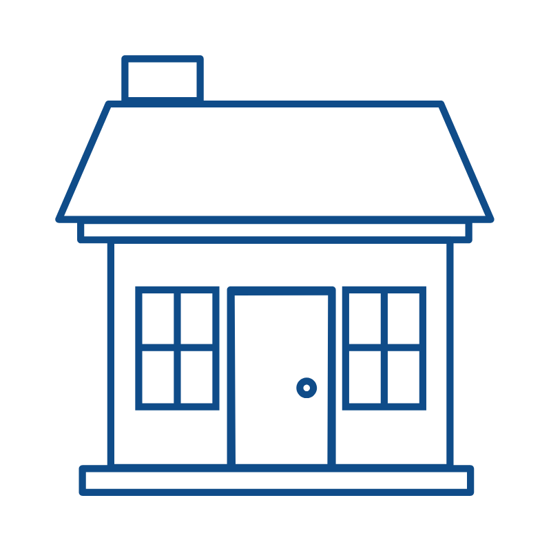 Clipart icon of front of a house. The roof is sloping to the front with a short chimney on top. Door is in the center of the house with a window on both sides.